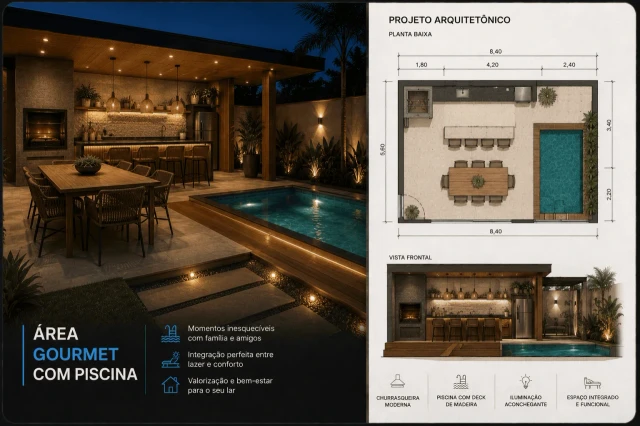 Projeto de área gourmet integrada com piscina